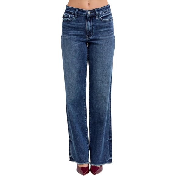 Vintage Dark Wash Wide Leg Jeans Womens Plus Size Mid Rise Stretch - Picture 1 of 7